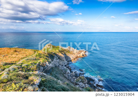 Scenic spring view on the the cape Milazzo panorama of nature reserve Piscina di Venere. 123015904
