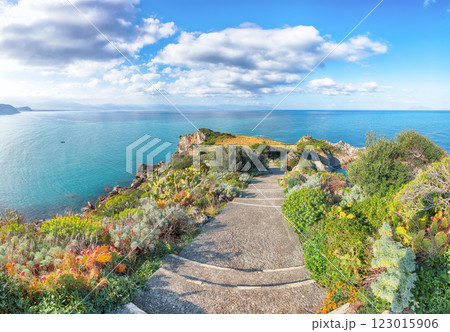 Picturesque spring view on the the cape Milazzo panorama of nature reserve Piscina di Venere. Picturesque spring view on the the cape Milazzo panorama of nature reserve Piscina di Venere. 123015906