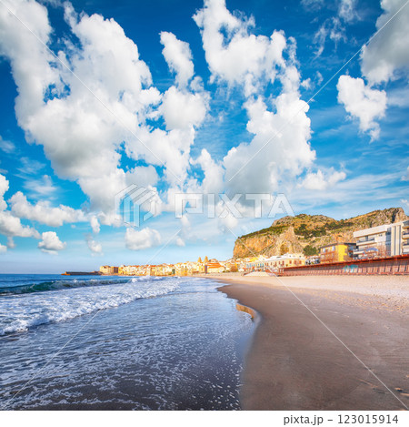 Sightseeing cityscape of Cefalu city. Popular travel destination of Mediterranean sea. Sightseeing cityscape of Cefalu city. Popular travel destination of Mediterranean sea. 123015914
