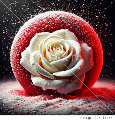 A striking white rose rests atop a vibrant red sphere, enveloped in delicate snowflakes that sparkle against a dark backdrop, creating an enchanting visual display A striking white rose rests atop a vibrant red sphere, enveloped in delicate snowflakes that sparkle against a dark backdrop, creating an enchanting visual display 123015977
