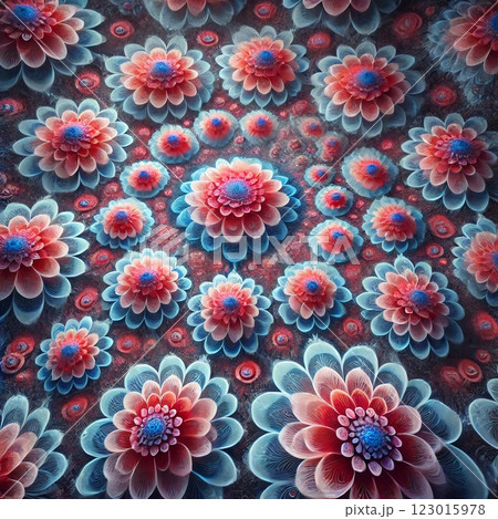 Intricate floral patterns with vibrant pink and blue shades fill the surface, showcasing a captivating geometric arrangement. This artwork creates a stunning visual effect 123015978