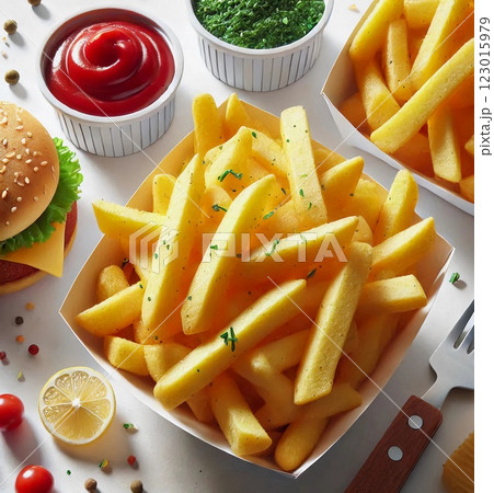 A generous serving of crispy, golden fries is accompanied by bright red ketchup and green sauce, next to a tempting burger with fresh lettuce and cheese 123015979
