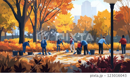 Volunteers cleaning autumn leaves in a city park on a sunny day. 123016043