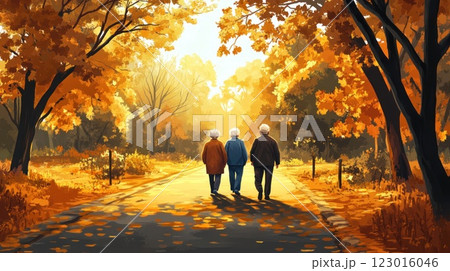Three seniors holding hands stroll down autumn path. Three seniors holding hands stroll down autumn path. 123016046