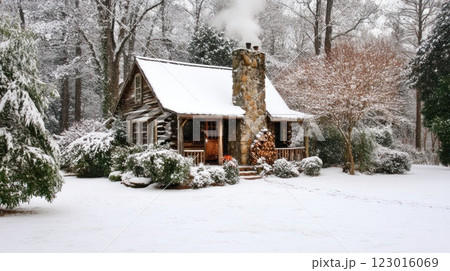 Snow-covered log cabin with stone chimney in winter woods. 123016069