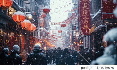 Snowy street scene in Chinatown with red lanterns and crowds of people. 123016070