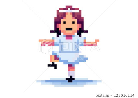 A young girl joyfully dances on one foot, wearing a charming blue dress and a white hair ribbon. The pixel art style captures a playful and vibrant atmosphere A young girl joyfully dances on one foot, wearing a charming blue dress and a white hair ribbon. The pixel art style captures a playful and vibrant atmosphere 123016114