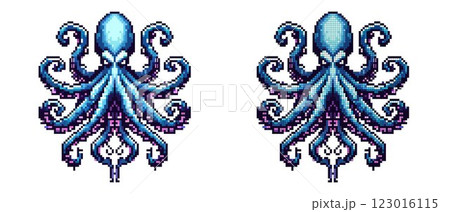 This artwork features a vibrant octopus illustrated in pixel art style. Each tentacle is intricately designed, showcasing shades of blue and purple against a simple backdrop 123016115