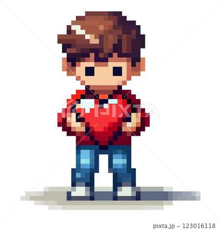 A young pixel art character stands center, cradling a large red heart close to their chest. The character has a cheerful expression, wearing a vibrant red shirt and blue jeans 123016118