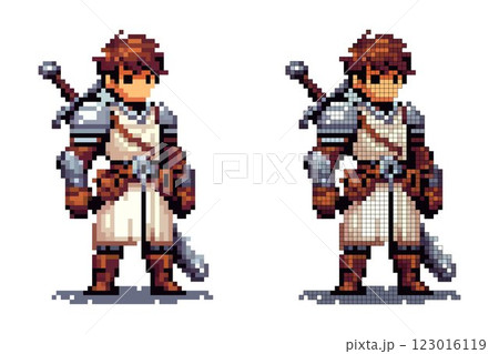 A pixel art warrior stands confidently, wearing medieval armor and holding a sword. The character is designed in vibrant colors, suggesting bravery and readiness for battle in a fantasy realm 123016119
