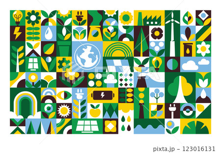 Earth ecology, environment protection, alternative green energy modern geometric elements set Earth ecology, environment protection, alternative green energy modern geometric elements set 123016131