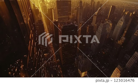 Aerial view of a city skyline at sunset. Aerial view of a city skyline at sunset. 123016476