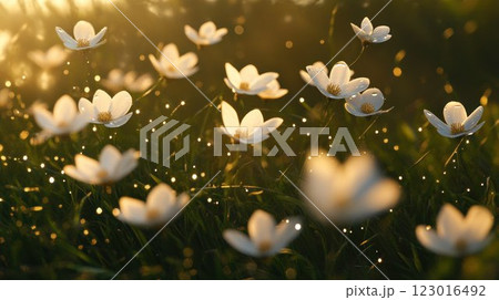 Sunlit flowers in a serene natural setting. 123016492