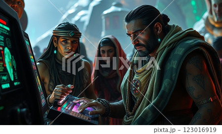 液晶のついた通信機器を手にする古代の行商人 液晶のついた通信機器を手にする古代の行商人 123016919