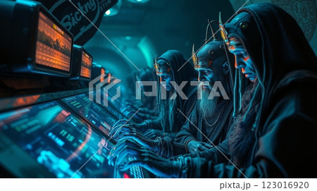 液晶のついた通信機器を手にする古代の神官たち 液晶のついた通信機器を手にする古代の神官たち 123016920