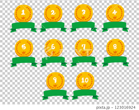 A simple and pop illustration set of a gold medal with numbers and a ribbon 123016924