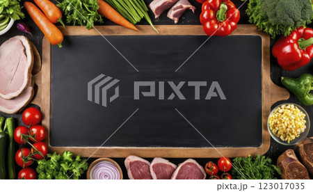 Fresh Ingredients Arranged on a Wooden Cutting Board Ready for Meal Preparation in a Kitchen Setting 123017035