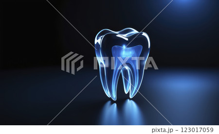 Bright Blue Tooth Sculpture Illuminated Against a Dark Background Creating a Futuristic Dental Aesthetic Bright Blue Tooth Sculpture Illuminated Against a Dark Background Creating a Futuristic Dental Aesthetic 123017059