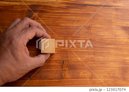 空白の木製ブロックを持っている人 123017074