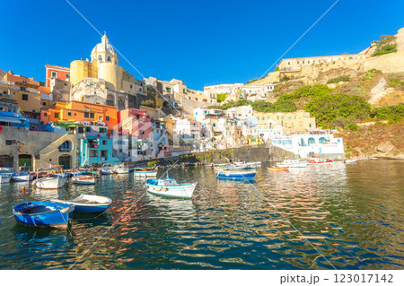 Procida harbor, colorful buildings, boats moored. 123017142