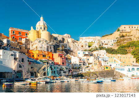 Procida harbor, colorful buildings, boats moored. 123017143