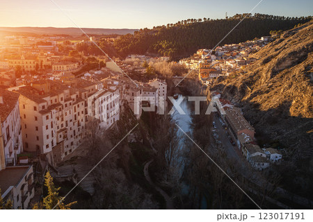 aerial view of historical district of Cuenca town, river and mountains landscape aerial view of historical district of Cuenca town, river and mountains landscape 123017191