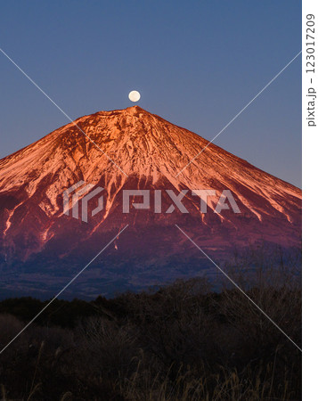 夕暮れの富士山と満月（パール富士） 123017209
