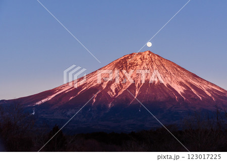 夕暮れの富士山と満月（パール富士） 123017225