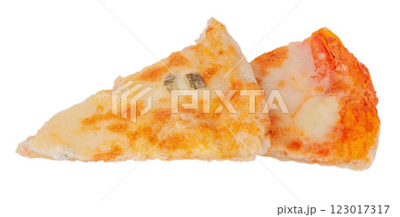 Two slices of four cheese pizza and a margherita pizza. 123017317