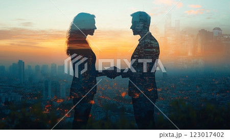 Double exposure of a romantic couple and a city skyline at sunset Double exposure of a romantic couple and a city skyline at sunset 123017402