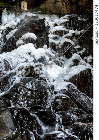 氷でコーティングされた氷瀑の岩 氷でコーティングされた氷瀑の岩 123017474