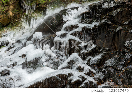 氷瀑の氷とその下を流れる水の流れ 氷瀑の氷とその下を流れる水の流れ 123017479