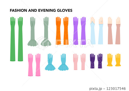 Set of Gloves - Fashion and Evening with names hand accessory clothing technical illustration garment. Vector for Men 123017546