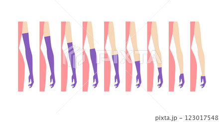 Set of Gloves Length Chart diagram with name text purple pink cartoon Elbow Short Wrist Fashion hand accessory 123017548
