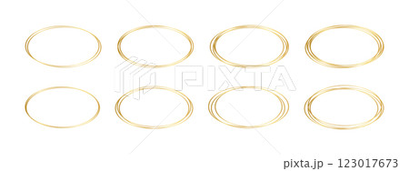 Set of oval golden frames isolated on a white background. Collection of luxury elliptic borders. Glowing decorative frameworks, design elements for birthday or wedding cards. Vector illustration 123017673