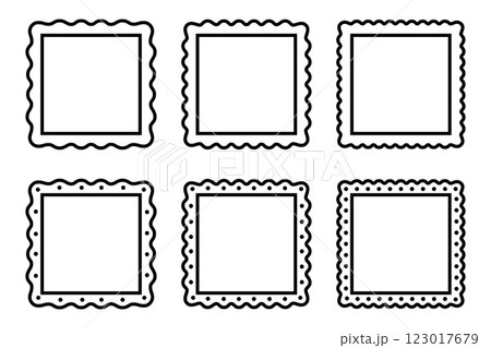 Set of square frames with wavy edges. Vignettes for picture, photo or mirror with wiggly borders. Empty boxes, tags, stamps or labels. Vector graphic illustration Set of square frames with wavy edges. Vignettes for picture, photo or mirror with wiggly borders. Empty boxes, tags, stamps or labels. Vector graphic illustration 123017679
