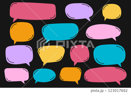 Set of cute speech bubble templates in doodle style. Collection of dialog balloons, text boxes, quote frames, conversation tags isolated on dark background. Vector flat illustration Set of cute speech bubble templates in doodle style. Collection of dialog balloons, text boxes, quote frames, conversation tags isolated on dark background. Vector flat illustration 123017682