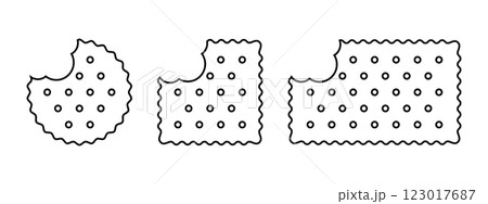 Set of bitten cracker icons. Sweet or salty biscuit cookies in round, square and rectangle shapes. Popular crunchy snacks isolated on white background. Vector outline illustration Set of bitten cracker icons. Sweet or salty biscuit cookies in round, square and rectangle shapes. Popular crunchy snacks isolated on white background. Vector outline illustration 123017687
