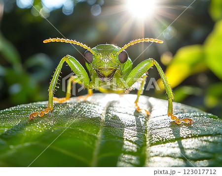 close up reveals emerald green beetle moving on leaf. Its shiny shell reflects diffused sunlight while garden forms blurred backdrop in summer afternoon. 123017712