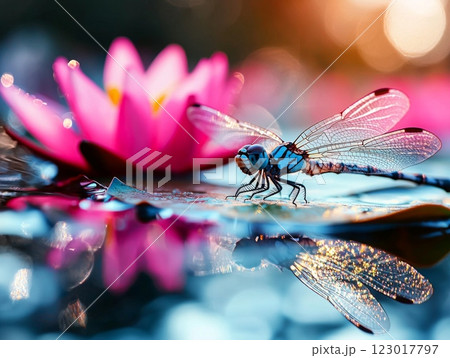 dragonfly intricate wings rests peacefully on water lily leaf its silhouette mirrored on gentle ripples of water illuminated warm afternoon light. 123017797