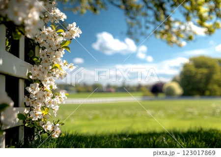 Crisp white pear blossoms bright yellow stamens are sharply focused in foreground framed vibrant green meadow fades beautifully in background. 123017869