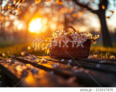 Freshly picked spring flowers fill woven basket resting on wooden bench. peaceful setting is cherry tree blossoms illuminated warm evening light. 123017870