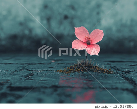 single small flower breaks through snow surrounded glistening water droplets and moss showcasing vibrant pastels and elegant brushstrokes on wintery ground. single small flower breaks through snow surrounded glistening water droplets and moss showcasing vibrant pastels and elegant brushstrokes on wintery ground. 123017896