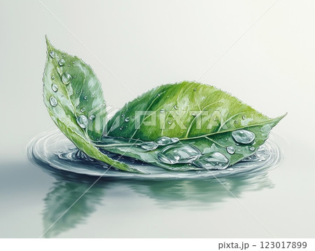 close up view of frost melting on small green leaf showing water droplets forming and cascading down highlighted soft pencil strokes emphasize natural textures. 123017899