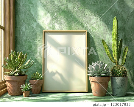 close up view showcases blank picture frame leaning against textured green wall. Nearby are various potted succulents enhancing aesthetic soft natural shadows. 123017933