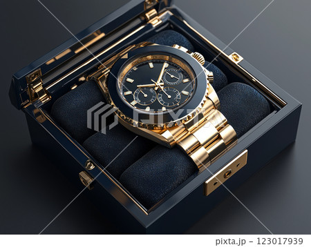 luxury wristwatch elegantly displayed on velvet cushion within sleek watch box highlighted rich dark blue background enhances its opulence. 123017939