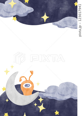 Vertical Frame with Alien on Crescent Moon in Night Sky with Clouds and Stars, Watercolor Illustration Space Theme for Print, Web and Textile 123017941