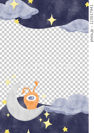 Vertical Frame with Alien on Crescent Moon in Night Sky with Clouds and Stars, Watercolor Illustration Space Theme for Print, Web and Textile 123017941