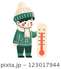 雪の日の子どもと温度計のかわいくあたたかみのある手描きイラスト 123017944