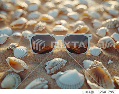 close up showcases professional flat design mockup of pair of customizable sunglasses resting on soft sand surface surrounded seashells embodying perfect beach aesthetic for summer. 123017951